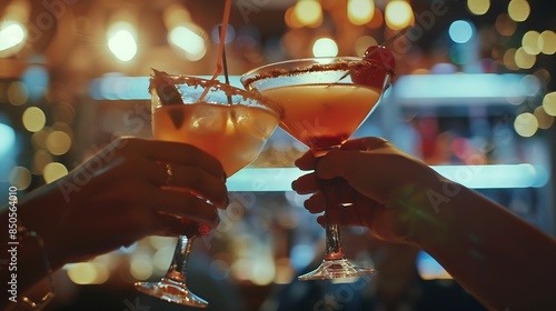 Close up of two people cheering cocktails in bar or disco club drinks and cocktails concept : Generative AI