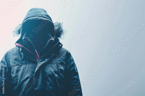 A person wearing a black jacket with a hood, possibly for privacy or protection