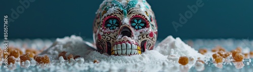 Chilling sugar skull surrounded by granulated sugar