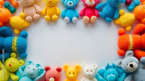 Bright and colorful plush toys arranged in a circle on a white background