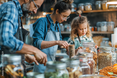 In a store, a family is inspecting jars of food together to buy zero waste products. Ideal for promoting sustainable shopping and eco-friendly family practices.