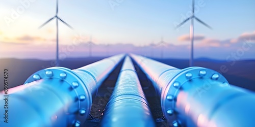 Hydrogen gas transportation through industrial pipeline system with wind turbines in background. Concept Hydrogen Transportation, Industrial Pipeline System, Wind Turbines, Renewable Energy