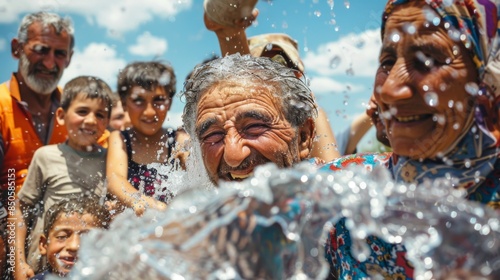 Vardavar celebration in Armenia. Laughing people drench water on each other. Summer ritual. Traditional Armenian festival. Free space for text. Horizontal banner