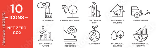 net zero co2 related vector icon set includes pollution, carbon absorbing, low carbon city, sustainable housing, emission free, sustainable future, emission reduction, ecosystem and more icons