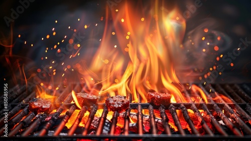 Juicy steaks grilling over open flames - Delicious juicy steaks cooking on a grill over leaping flames, epitomizing a perfect BBQ experience