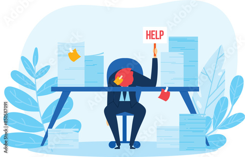 Businessman overwhelmed work holding HELP sign. Cartoon character under stress due excessive tasks. Flat design office worker trouble workload