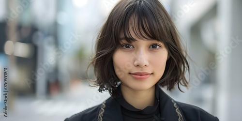 Portrait of a stylish Japanese girl with embroidered collar and sideswept bangs. Concept Fashion Photography, Japanese Style, Embroidered Details, Stylish Portrait, Bangs Hairstyle