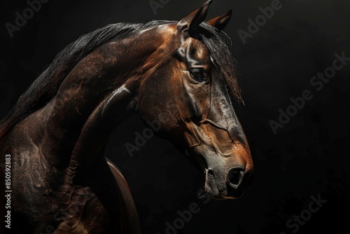A detailed view of the brown horses head against a dark backdrop