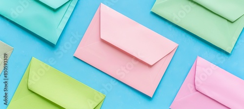 Elegant display of vibrant paper envelopes gracefully floating on a striking blue background