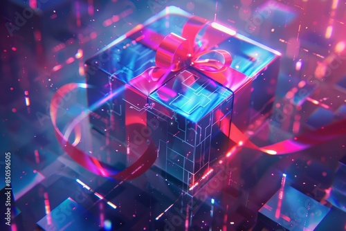 Vibrant 3drendered image of a neonlit gift box with digital ribbons in a virtual environment