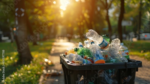 Overflowing bin of plastic bottles in park - Sunlight shines on a bin overflowing with plastic bottles in a beautiful park, symbolizing pollution
