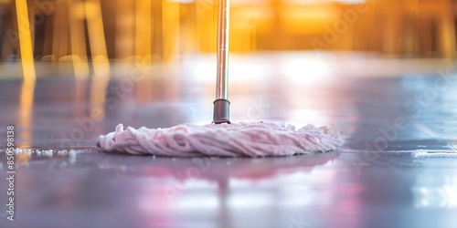 Detailed shot of mop scrubbing restaurant floor. Concept Restaurant cleaning, Mopping floor, Detailed shot, Hygiene maintenance, Cleaning equipment