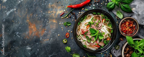 Traditional Vietnamese soup Pho Bo on rustic background