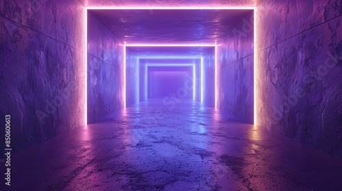 A long, narrow room with neon lights on the walls