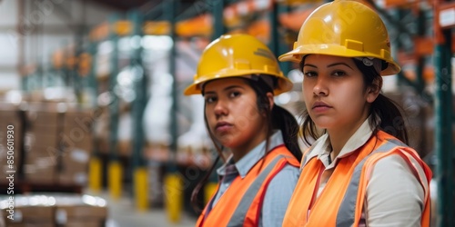 Two young hispanic female warehouse workers wearing hard hats and reflective vests looking at the camera, independent women, Labor Day, working day, New Year, Spring Festival, Christmas, overtime, HD 