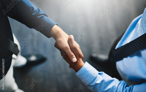 Above, handshake and crm meeting for b2b deal, discussion and business with company contract. Office, people or employees with teamwork or collaboration in workplace for finance or accounting