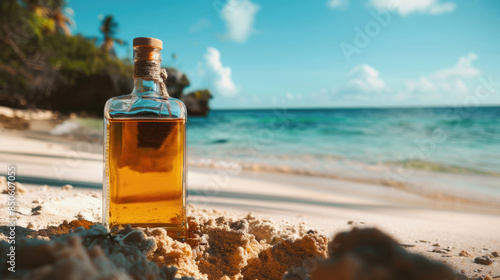 Empty bottle of rum on the sand near the shore