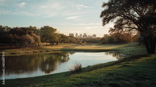 an immaculate historic golf club on a golf course in the rolling hills of benbrook texas at the edge of the trinity river with the fort worth skyline at dark, kodak portra, 35mm 