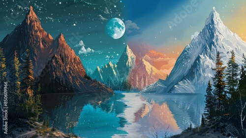 Fantasy landscape, dark environement in the left part of the painting, light environement on the right side of the painting, fantasy, landscape, environment, amazing landscape 