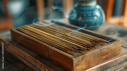 Unique incense sticks rest inside a wooden box. The background is slightly out of focus.