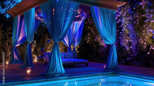 A mystical cabana scene at night, enhanced by indigo LED lighting, with deep blue drapes and night-blooming jasmine creating a scent-filled oasis by the pool.