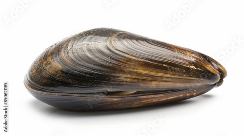 In a studio setting, a solitary black mussel shell rests on a white background