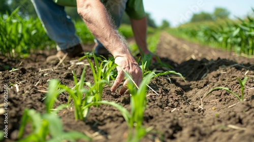 A closeup of a worker using natural ods such as cover crops and crop rotation to control weeds and prevent soil erosion.