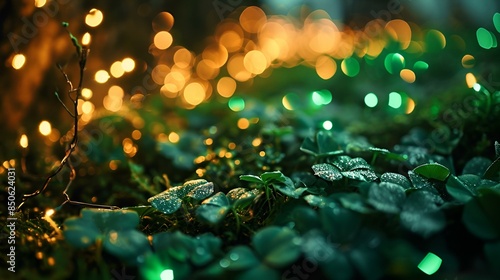 A serene green field with twinkling lights and lush leaves under the bright sun.
