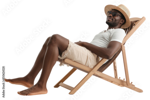 PNG Photo of black man lay on beach chair sunbathing furniture sitting.