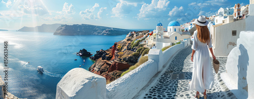 A woman in a white dress and hat standing on a walkway with a view of Santorini, Greece.