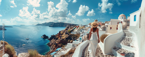 A woman in a white dress and hat standing on a walkway with a view of Santorini, Greece.