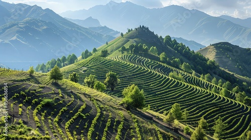 A picturesque mountain landscape where reforestation efforts are underway, with rows of new saplings dotting the hillside, promising a greener future.