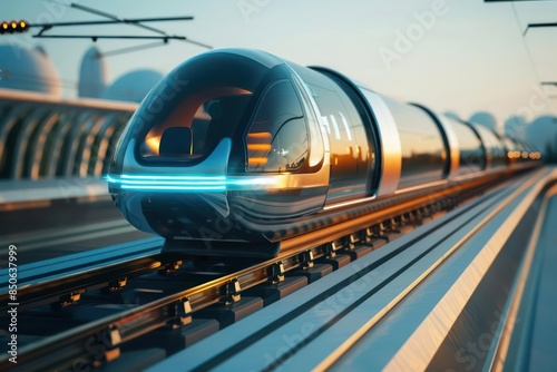 A closeup of a futuristic magnetic levitation train gliding smoothly along its track with minimal friction