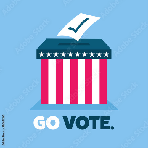 Go vote, election and voting concept. USA ballot with paper going into box. Vector illustration with stars, stripes, shadow on a blue background with text.