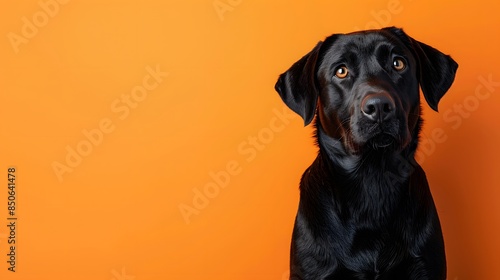 A black Labrador retriever dog sitting against an orange background with a curious expression, ideal for pet-themed projects and ads.