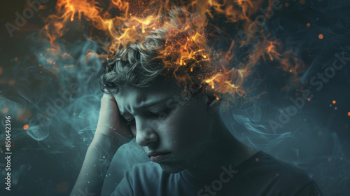 Portrait of a boy holding his head with flames and smoke representing a headache. Conceptual digital art describing ADHD.