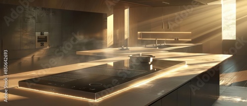 A futuristic kitchen with a minimalistic design, featuring invisible induction cooktops and touchsensitive surfaces