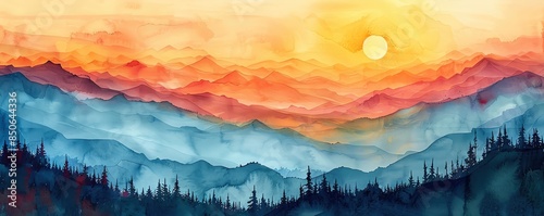 Vibrant watercolor landscape painting depicting a stunning sunrise over layered mountain ranges and a lush forest in the foreground.