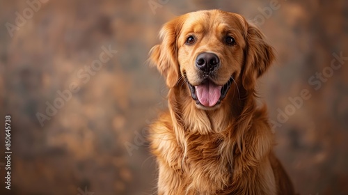 Adorable golden retriever dog sitting against a studio backdrop, displaying a happy and friendly expression.