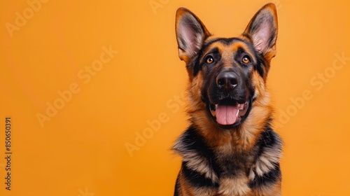 German Shepherd dog against an orange background. The dog looking straight ahead with a happy expression, ears up and mouth open.