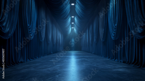 Dramatic stage corridor with blue velvet curtains and spotlight. Copy space. Generative AI 