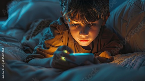 Boy lies in bed in the middle of the night and plays games on his smartphone
