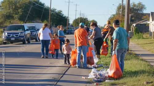 Neighborhood cleanup event with residents of all ages picking up litter and beautifying their surroundings