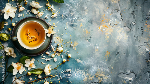 Composition with cup of jasmine tea dry leaves and flo