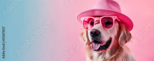 Stylish golden retriever wearing pink sunglasses and hat.