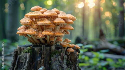 Cluster of wild mushrooms on a forest trunk