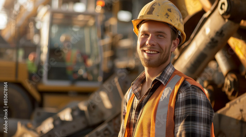A worker in a safety helmet and vest, smiling broadly as they operate heavy machinery, with a background of a busy industrial setting