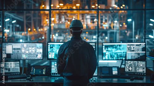 An engineer in a control room on an oil platform, monitoring multiple screens, with the industrial rig visible through the window 