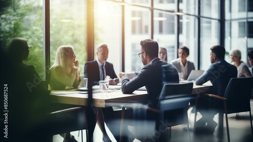 A professional business meeting held in a modern conference room with large windows. 