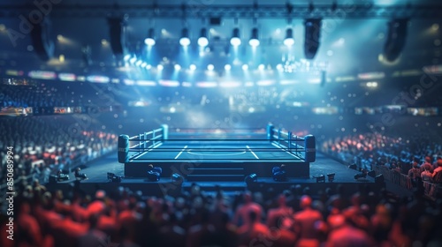 A boxing ring in the center of an empty arena, surrounded by thousands cheering fans, high angle